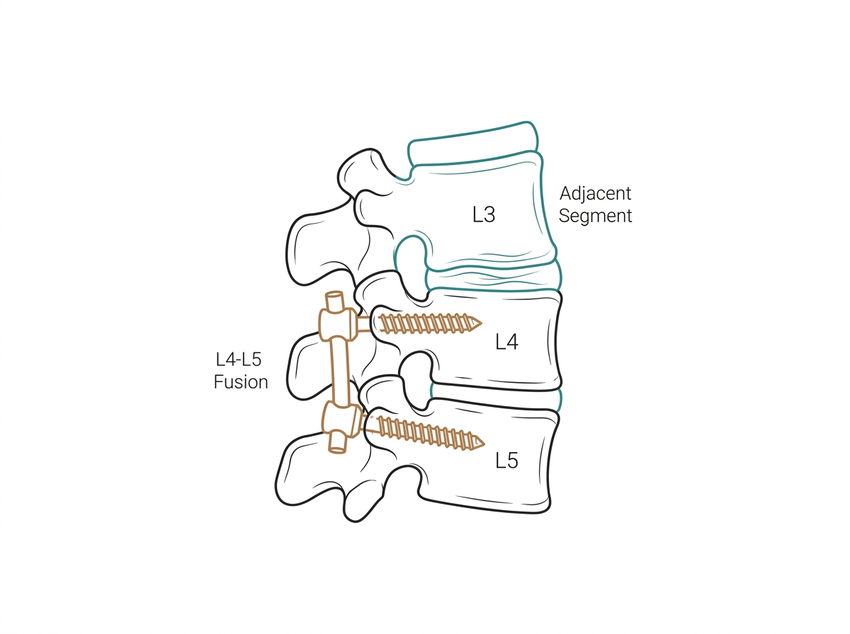 Diagram of an L4-L5 spinal fusion with the adjacent vertebral segment highlighted, illustrating Adjacent Segment Disease after failed back surgery