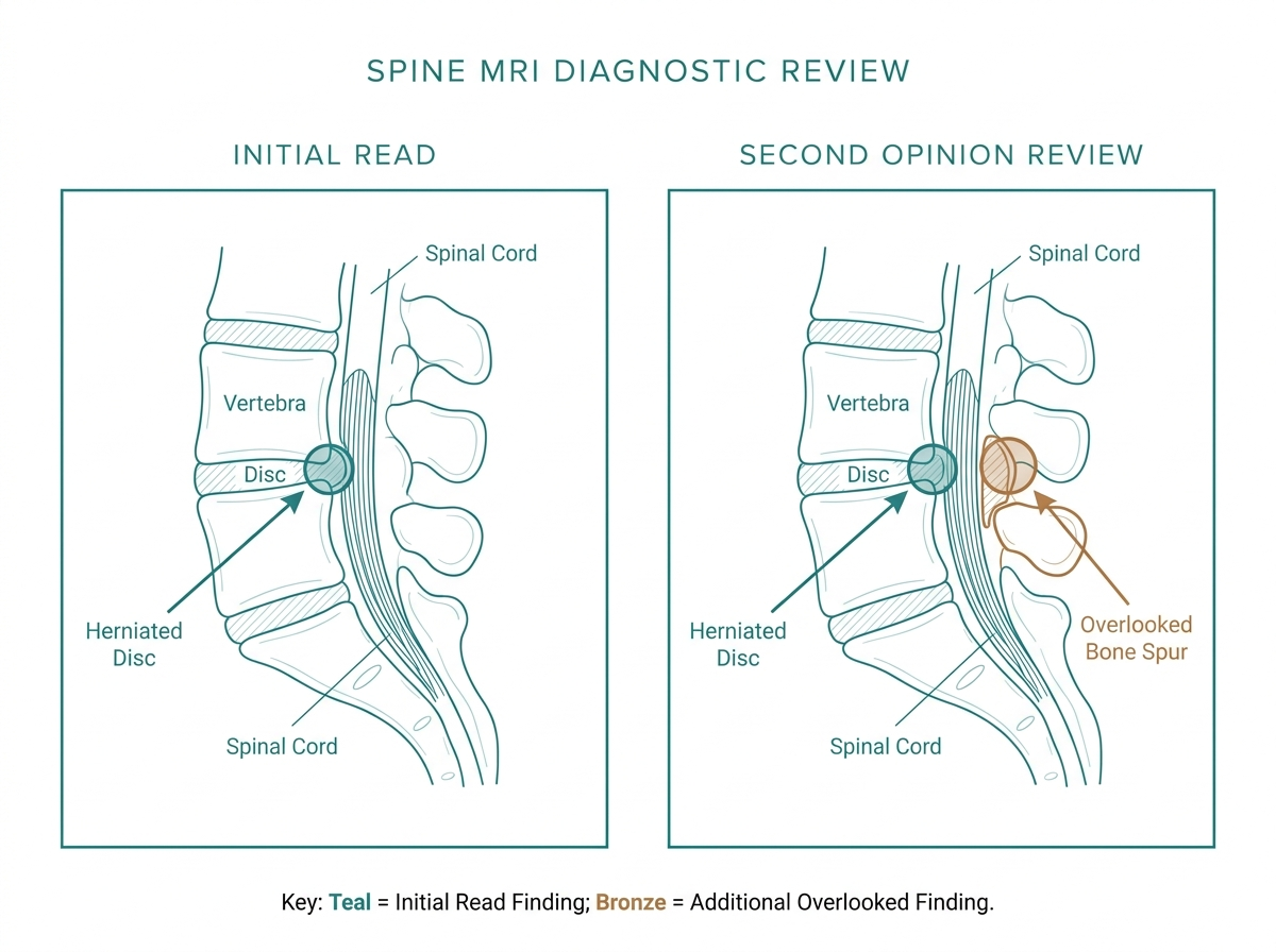 Diagram comparing an initial scan read against a second opinion review, showing an overlooked finding identified on re-examination