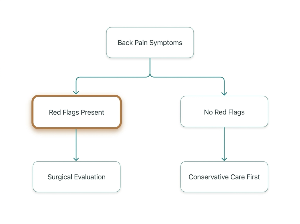 Decision-tree flowchart showing how red flag symptoms lead to surgical evaluation, while their absence leads to conservative care first