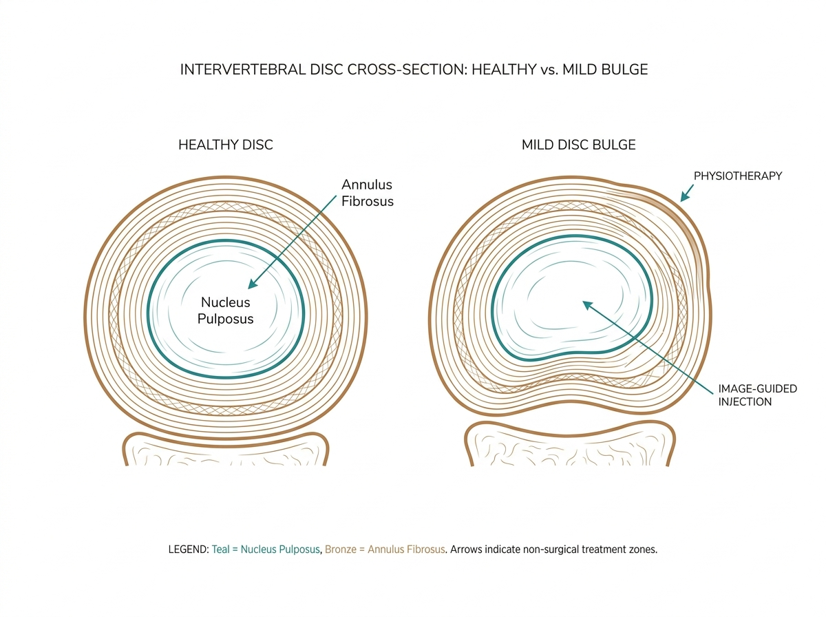 Diagram comparing a healthy disc to a mild disc bulge, with physiotherapy and image-guided injection marked as non-surgical treatment approaches