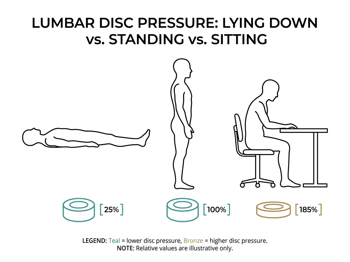 Diagram comparing lumbar disc pressure while lying down, standing, and sitting in a slouched desk posture
