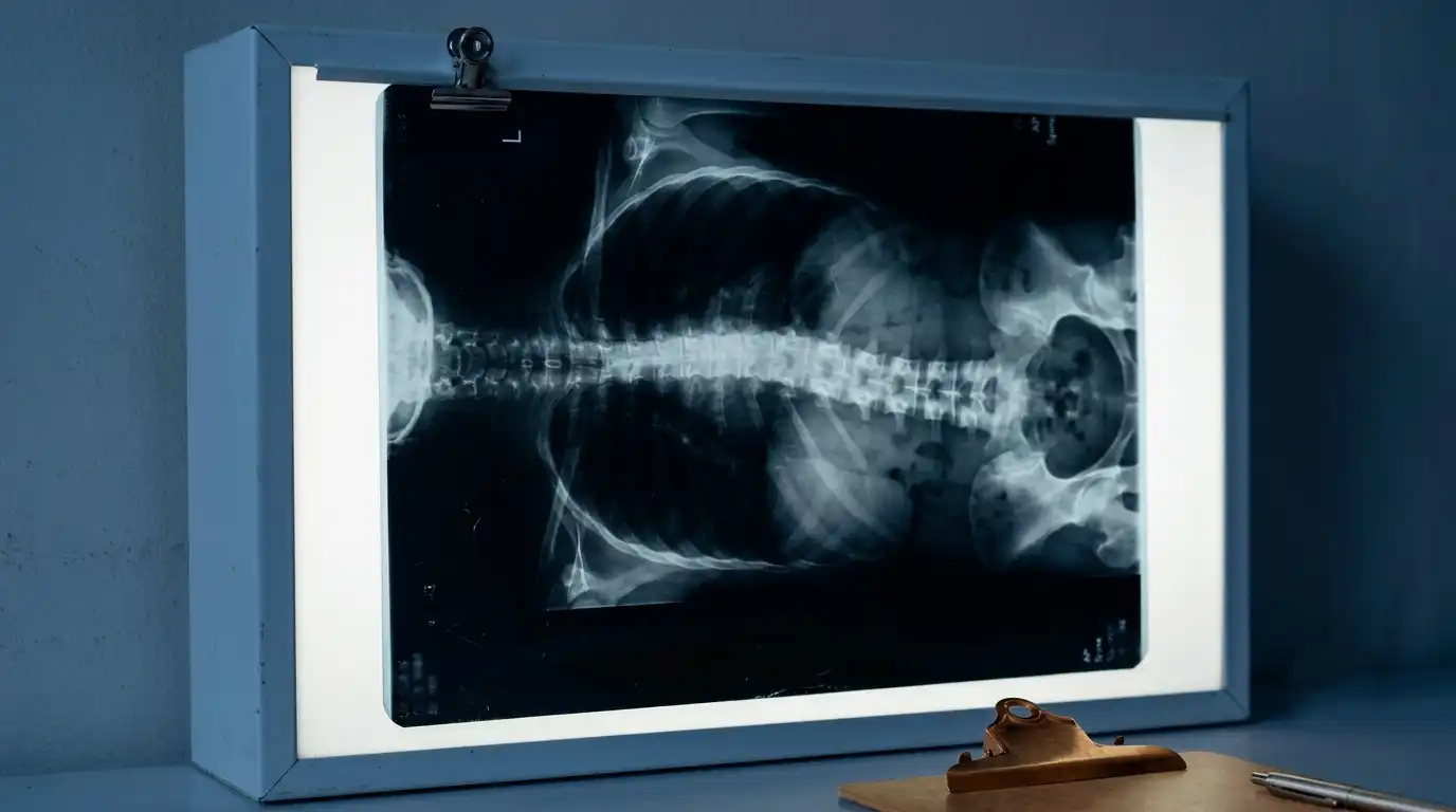 Standing spine X-ray showing scoliosis curvature - Dr. Vignesh Pushparaj, Chennai